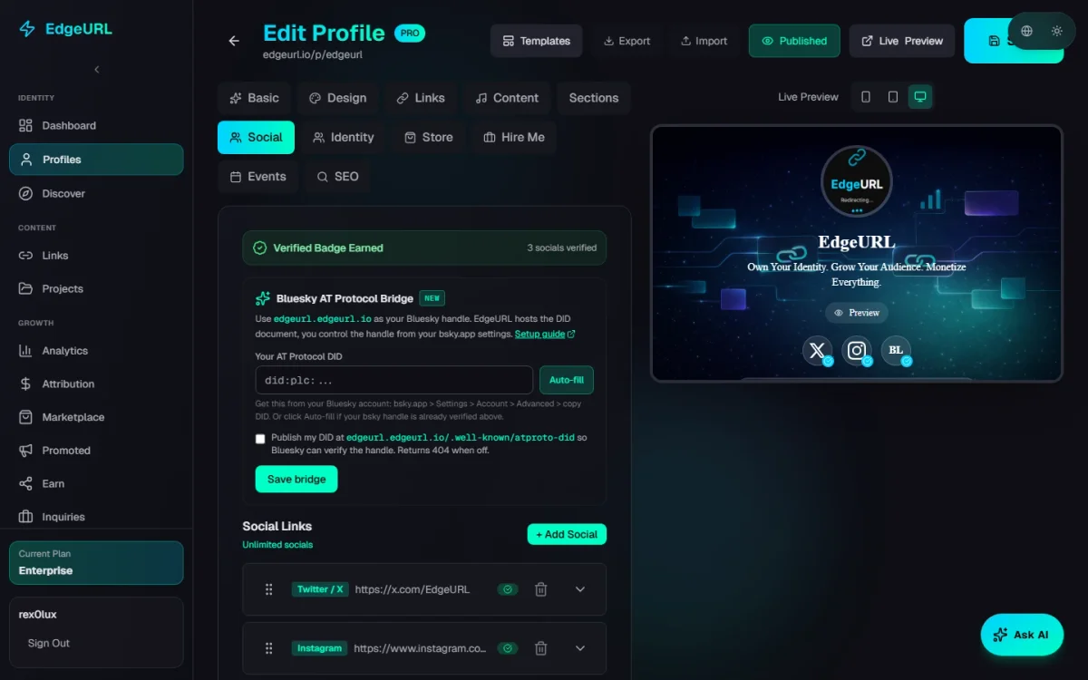 Screenshot of the EdgeURL profile editor's Social tab showing the Bluesky AT Protocol Bridge panel: title with NEW badge, DID input field with Auto-fill button on the right, opt-in checkbox for publishing at your-slug.edgeurl.io/.well-known/atproto-did, and a Save bridge button.